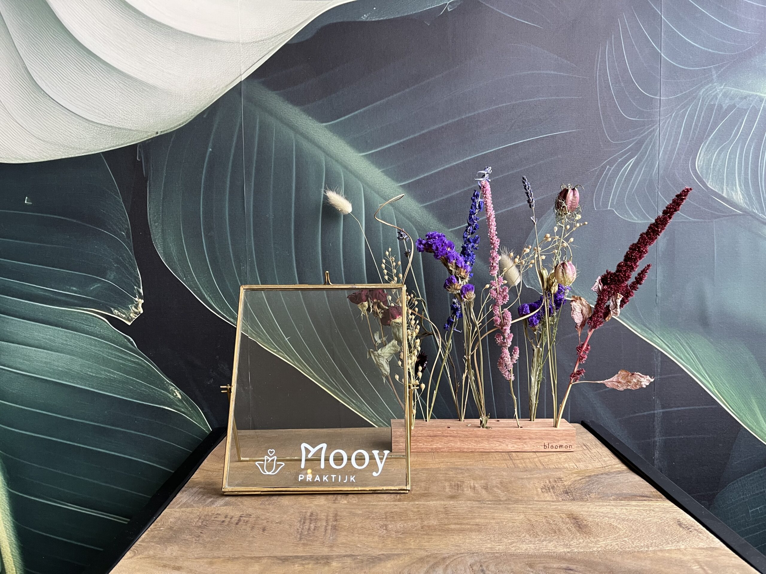 Praktijk Mooy droogbloemen en lijst met logo